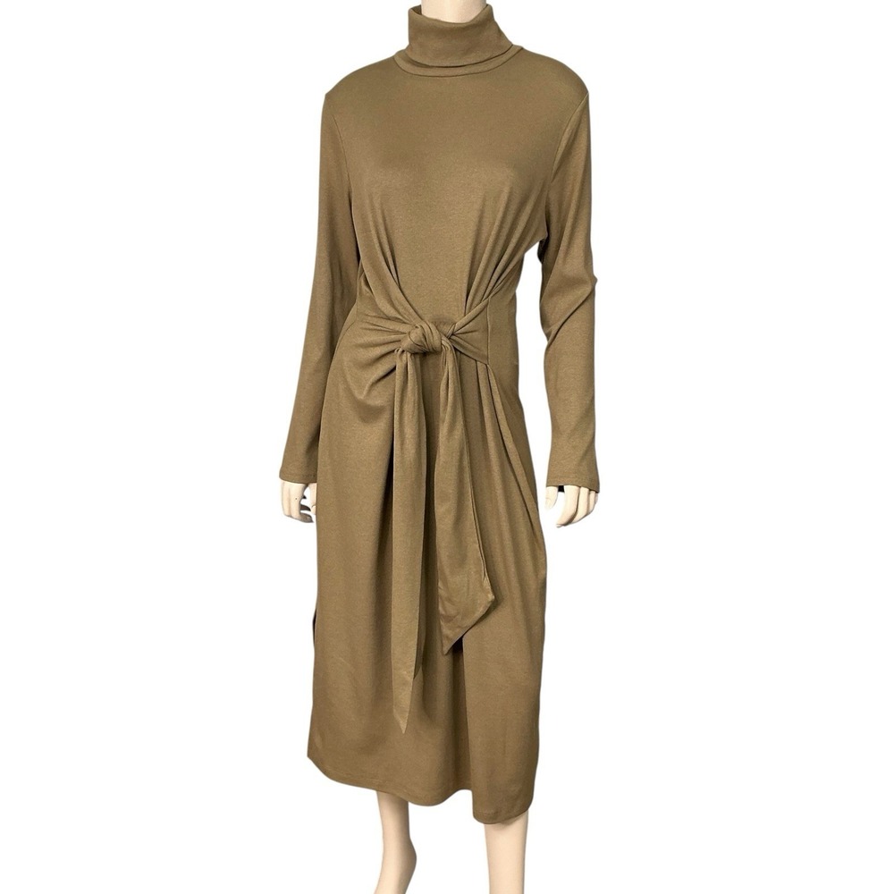 Lauren Ralph Lauren‎ Women 1X Long Sleeve Midi Knit Tie Waist Honey Tan NWT $135